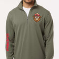 An olive green quarter-zip pullover sweatshirt worn by a model. The left chest features a graphic of a bear wearing a ranger hat with 'CA-RD'